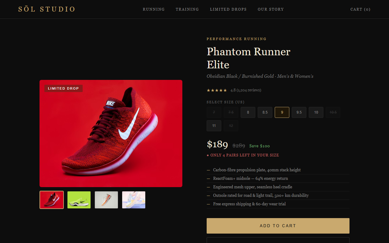 Sol Studio product page with ONLY 4 PAIRS LEFT IN YOUR SIZE scarcity claim