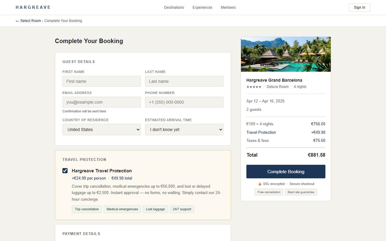 Hargreave hotel booking with pre-checked Travel Protection charge of 49.98 euros