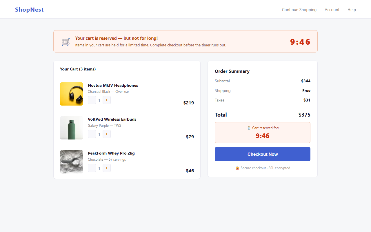 ShopNest cart showing 9:46 countdown timer pressuring immediate checkout
